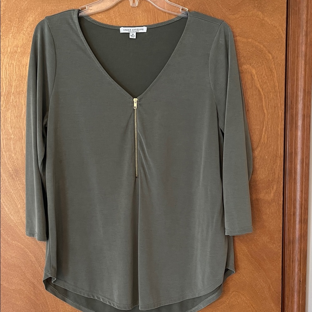 Cyrus Olive Long Sleeve V-Neck Top with Gold Zipper